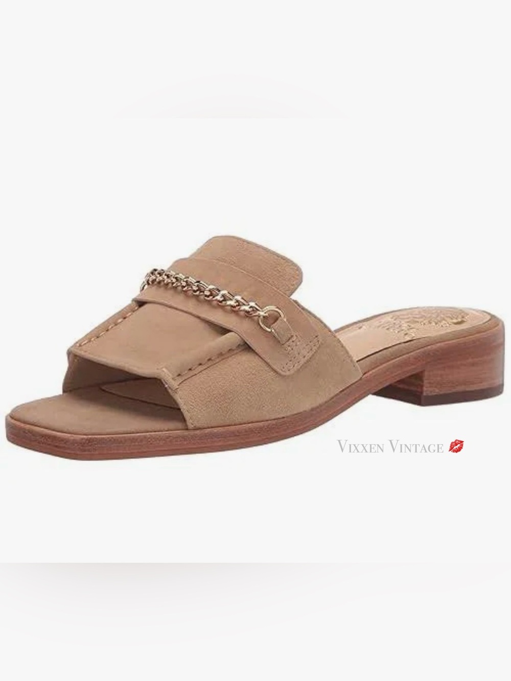 VINCE CAMUTO SUEDE ‘JENIVEY MULE BLOCK HEELED SANDALS’ IN BEIGE